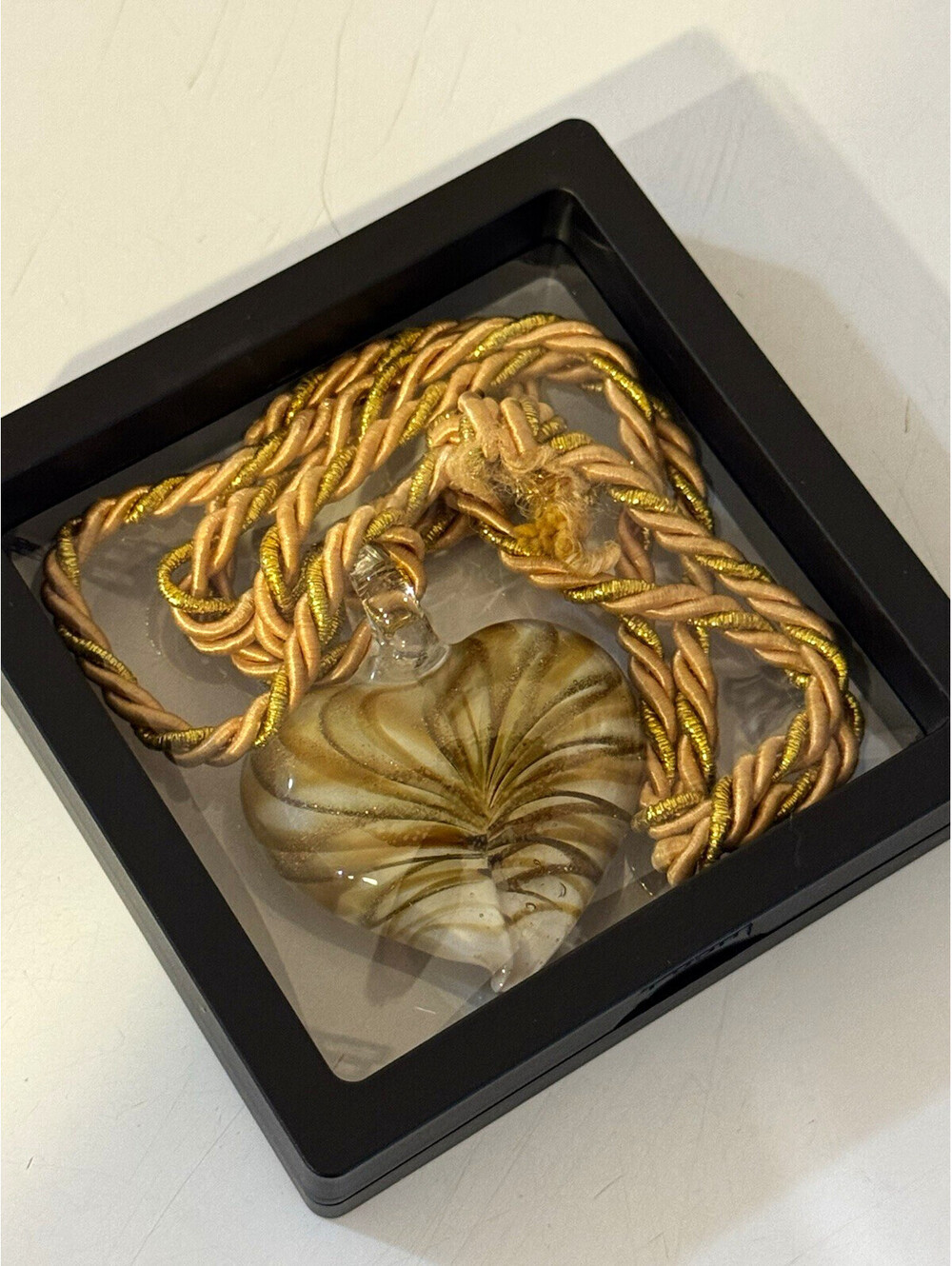 Art Glass Heart Pendant Necklace Brown Cream Swirl Peach Gold Cord Boho